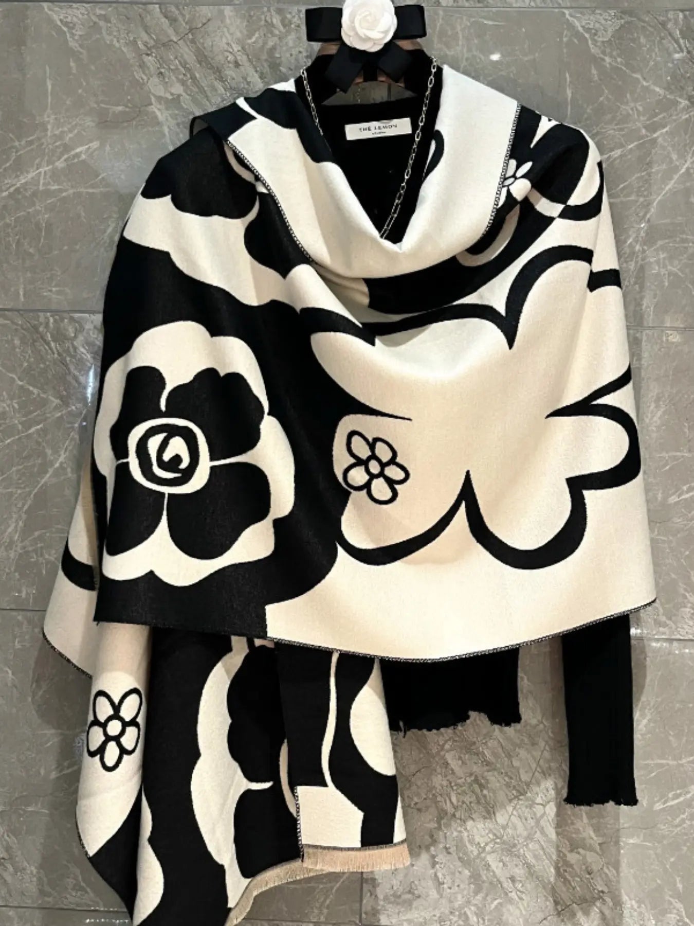 Black and White Floral Shawl
