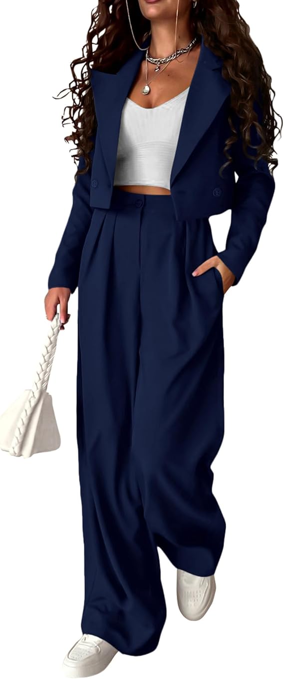 Cropped Blazer Jackets Wide Leg Pants Suit