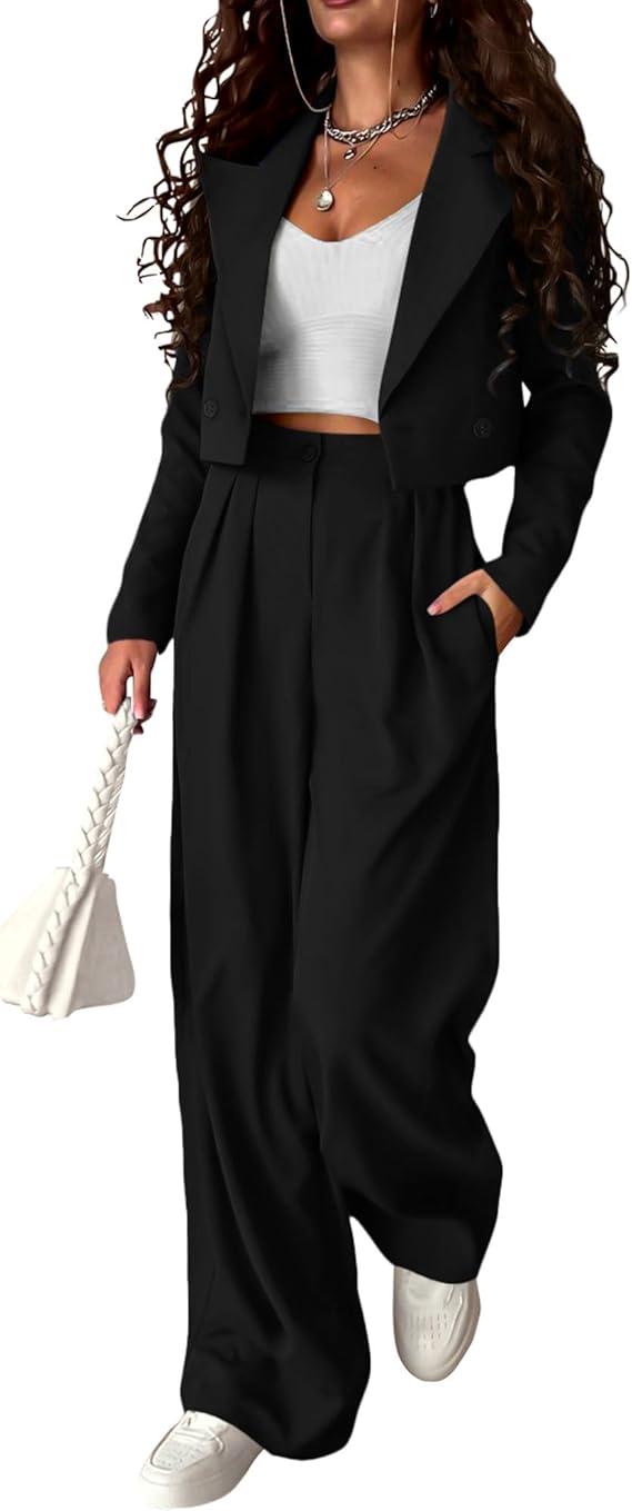 Cropped Blazer Jackets Wide Leg Pants Suit