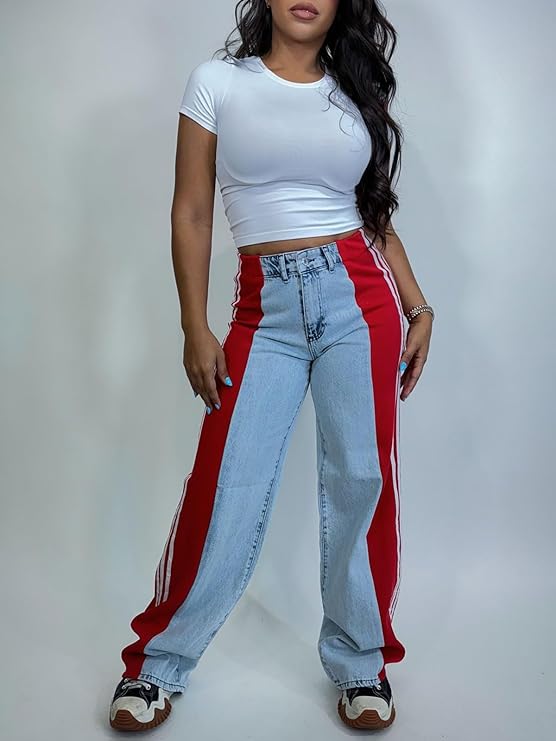 Patchwork Stripes High Waisted Stretchy Denim