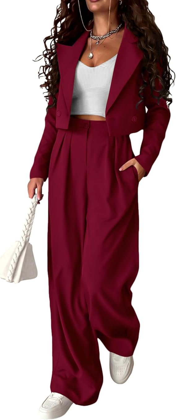 Cropped Blazer Jackets Wide Leg Pants Suit