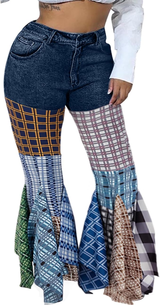 Flare Jeans Plaid Bell Bottom Ruffle