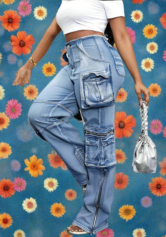 Stretch Cargo Jeans Women Straight Leg Side Zipper