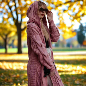 Simple Solid Color Long Sleeve Knitted Twist Hooded Sweater