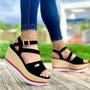 Wedge Heel Color Blocking Ankle Strap Buckle Open Toe Sandals