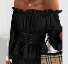 Load image into Gallery viewer, Off Shoulder Lace-up Front Ruffles Blouse