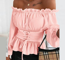 Load image into Gallery viewer, Off Shoulder Lace-up Front Ruffles Blouse